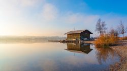 sunrise, morning mood, dawn, the atmosphere, in the morning, morning sky, mood, boathouse, lake, landscape, water, nature, outdoors, web, upper bavaria
