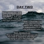 Ocean wave background with text that reads Day Two with additional text that says specific bible verses to read.